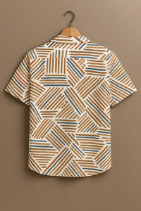 Beige Leaf Print Casual Cotton-Linen Shirt – Half Sleeve, Relaxed Fit